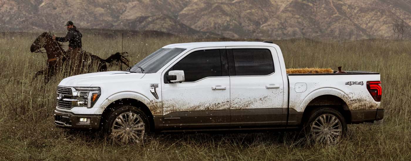 White 2026 Ford F-150 driving next to a cowboy